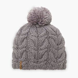 Turtle Fur Millie Marino Wool Pom Chunky Hand Knit Gray Asymmetrical Cables Hat